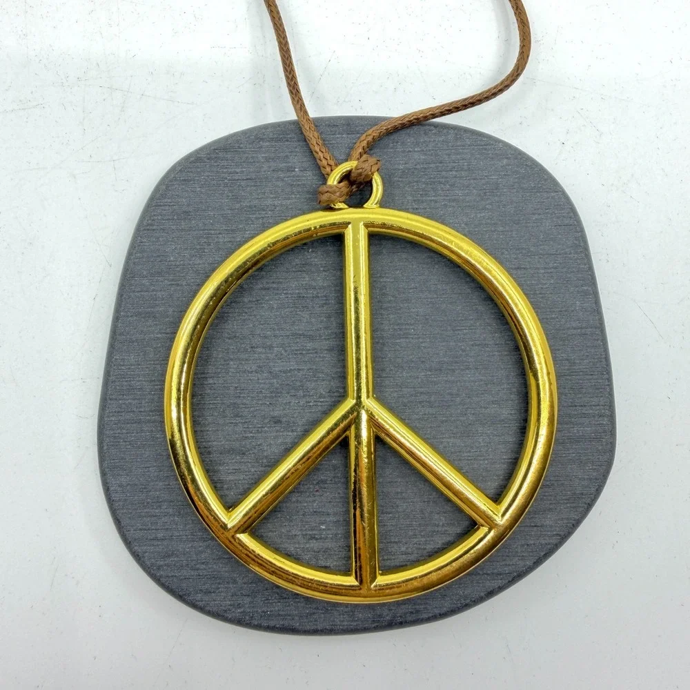 Gold Tone Peace Sign Pendant Necklace Brown Cord Boho Hippie Statement Gift